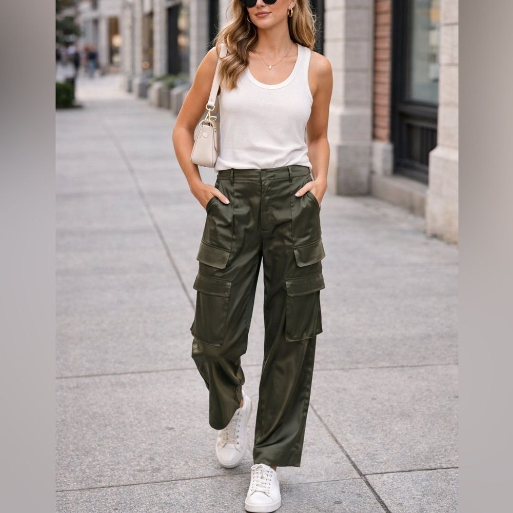 RESET by Jane Cassie Satin Cargo Pants – Olive Green, Silky Satin, Size Small